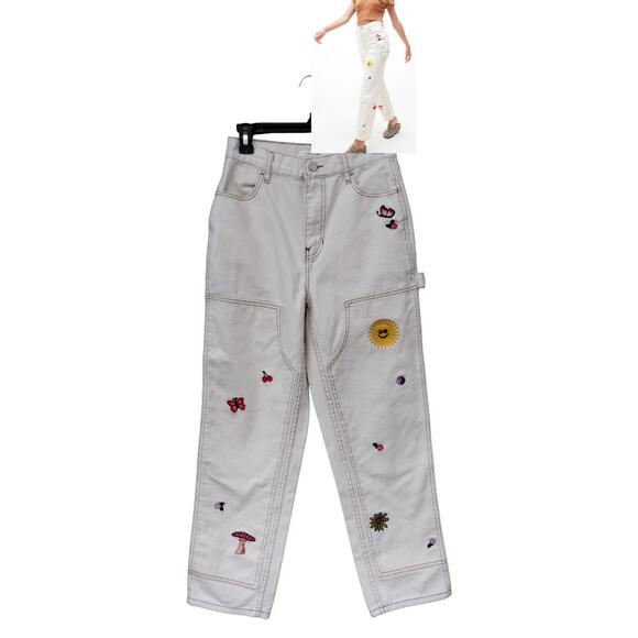 PACSUN Women's High Rise Carpenter Embroidered Off White/Cream Jeans Size 26 - Picture 1 of 16
